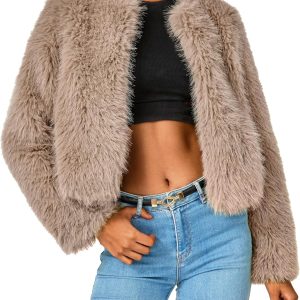 Women's 2025 Winter Coats Fleece Cropped Jacket Faux Fur Long Sleeve Pockets Shaggy Warm Outerwear Fall Clothes